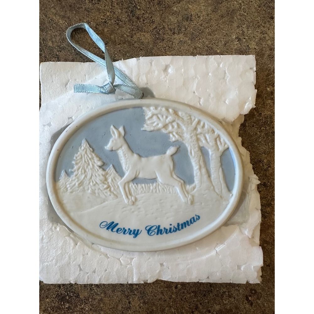 Vintage Russ Berrie Porcelain Deer Christmas Ornament Blue White Oval 5690